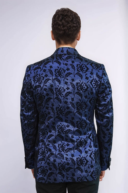 Floral Patterned Peak Lapel Navy Blue Men Prom Blazer - Wessi