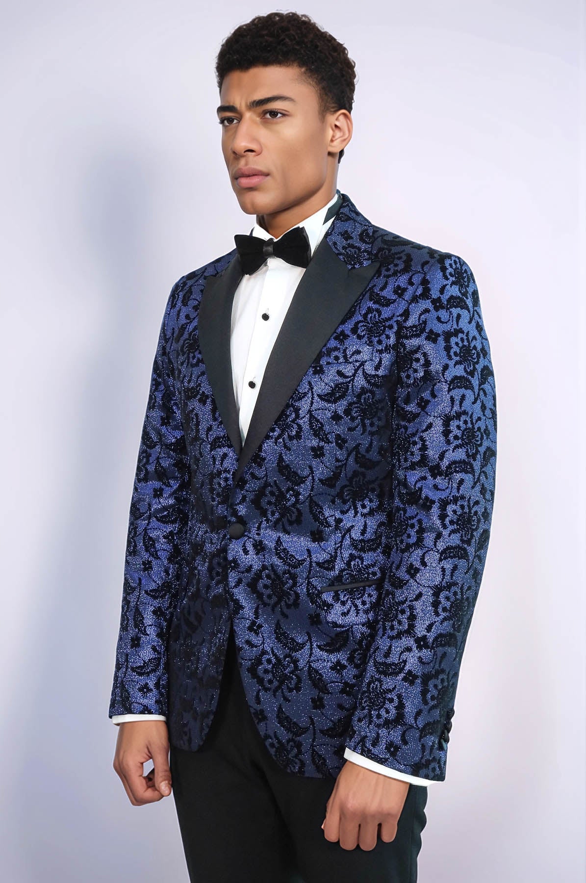 Floral Patterned Peak Lapel Navy Blue Men Prom Blazer - Wessi