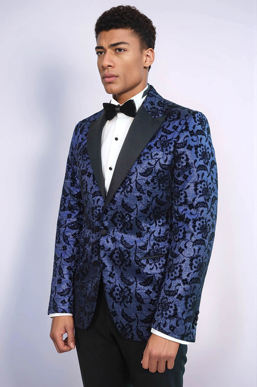 Floral Patterned Peak Lapel Navy Blue Men Prom Blazer - Wessi