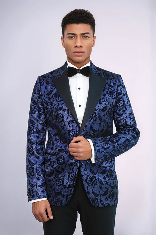 Floral Patterned Peak Lapel Navy Blue Men Prom Blazer - Wessi
