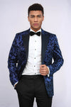 Floral Patterned Peak Lapel Navy Blue Men Prom Blazer - Wessi