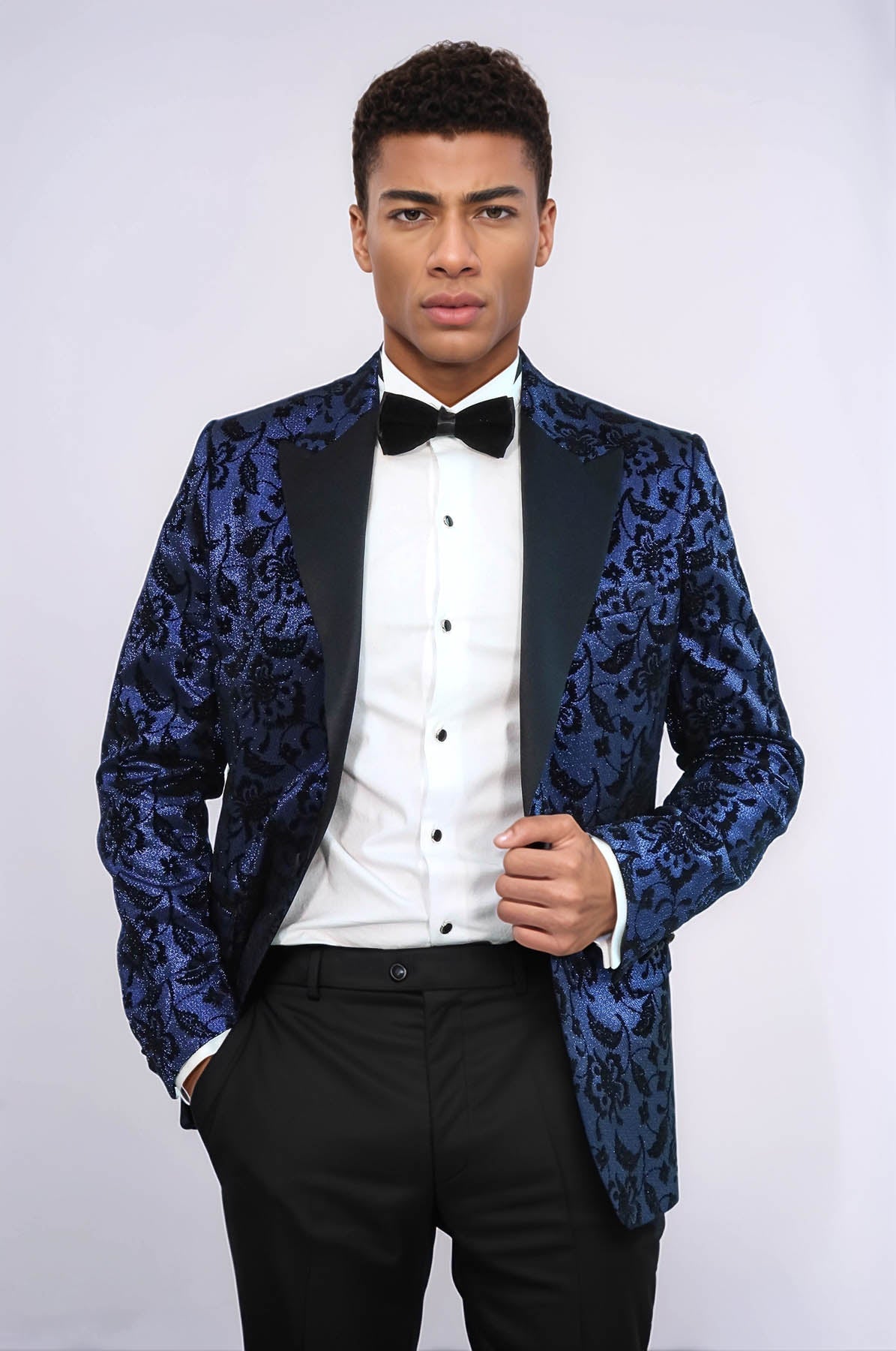 Floral Patterned Peak Lapel Navy Blue Men Prom Blazer - Wessi