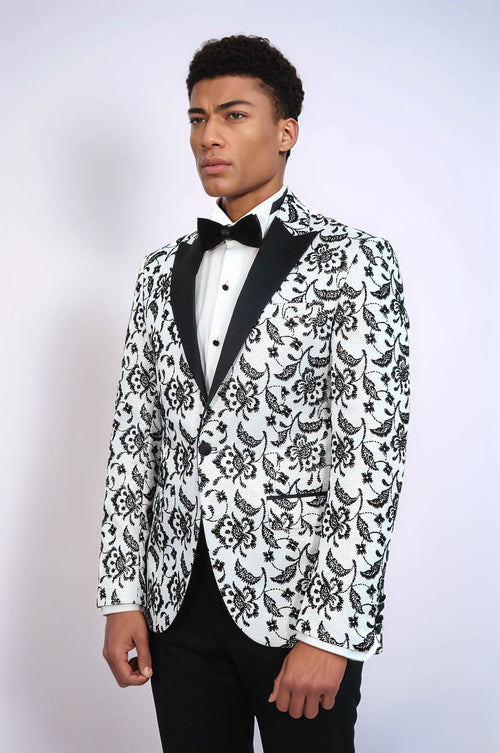 Floral Patterned Peak Lapel White Men Prom Blazer - Wessi