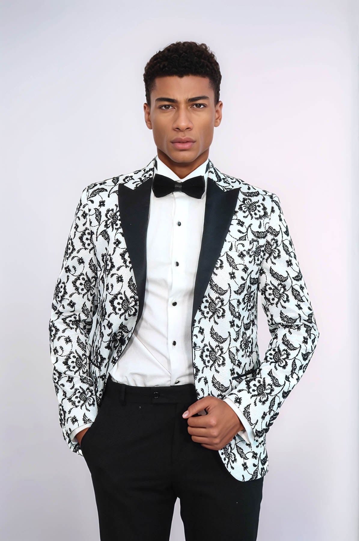 Floral Patterned Peak Lapel White Men Prom Blazer - Wessi