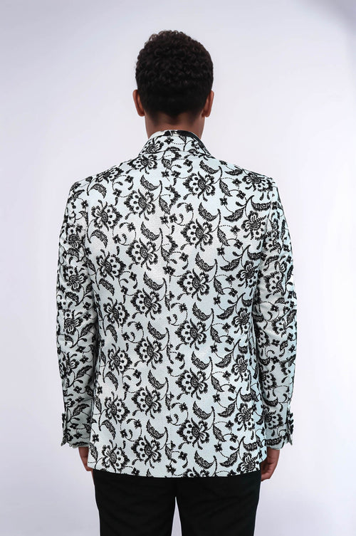 Floral Patterned Peak Lapel White Men Prom Blazer - Wessi