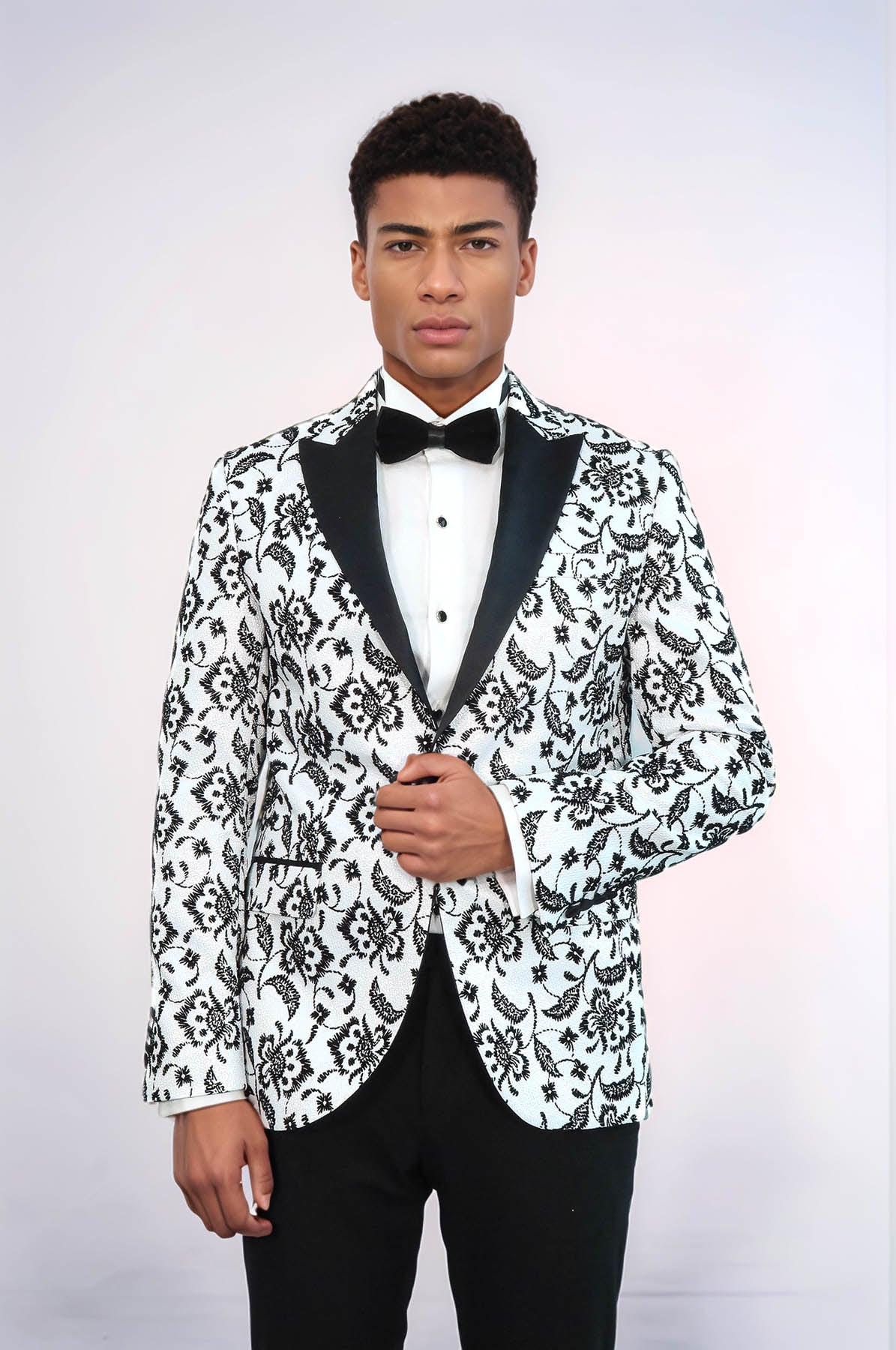 Floral Patterned Peak Lapel White Men Prom Blazer - Wessi