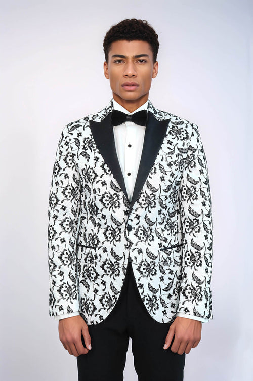 Floral Patterned Peak Lapel White Men Prom Blazer - Wessi
