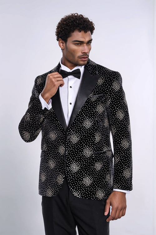 Slim Fit Dot Patterned Black Men Prom Blazer - Wessi