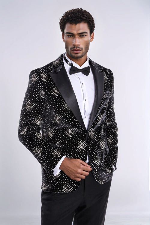 Slim Fit Dot Patterned Black Men Prom Blazer - Wessi