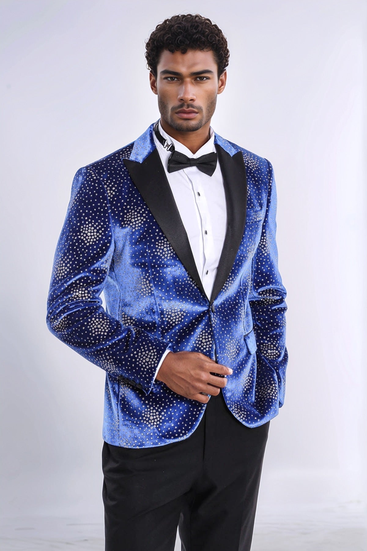 Dot Patterned Peak Lapel Blue Men Prom Blazer - Wessi