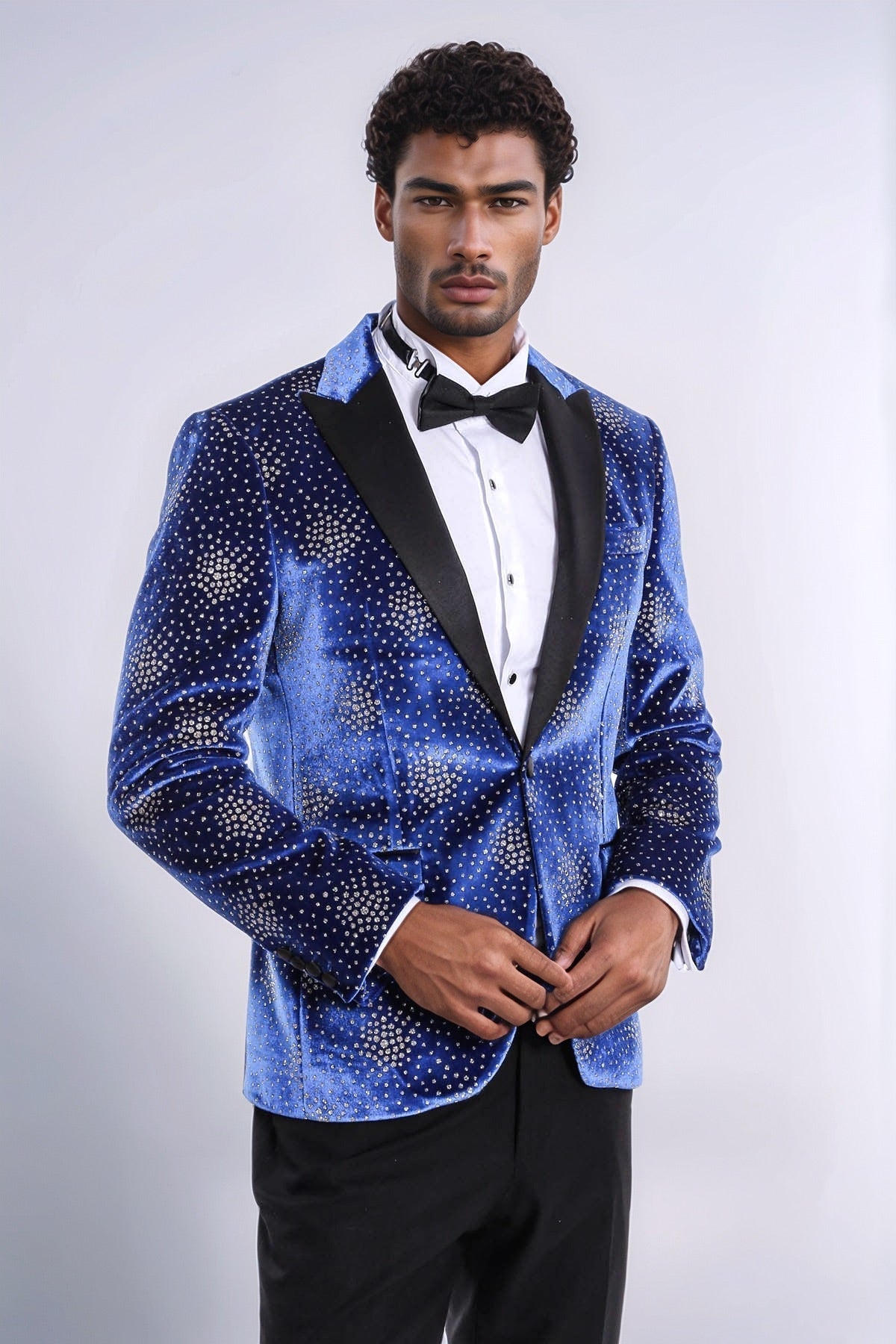 Dot Patterned Peak Lapel Blue Men Prom Blazer - Wessi
