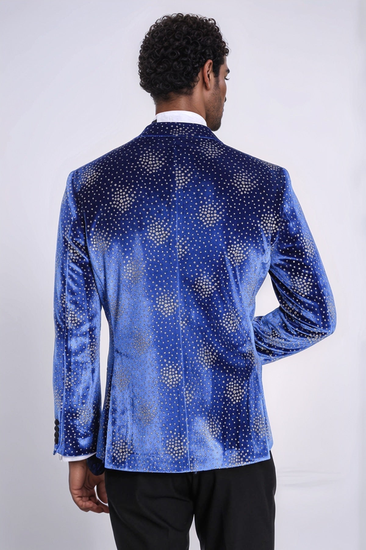 Dot Patterned Peak Lapel Blue Men Prom Blazer - Wessi