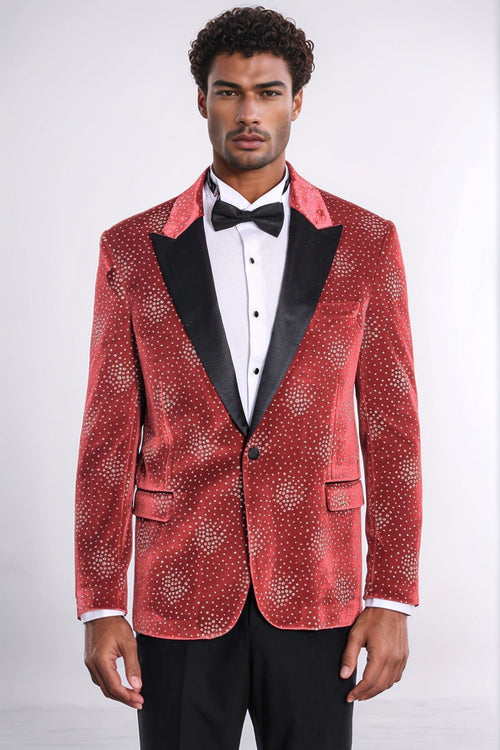 Dot Patterned Peak Lapel Burgundy Men Prom Blazer - Wessi