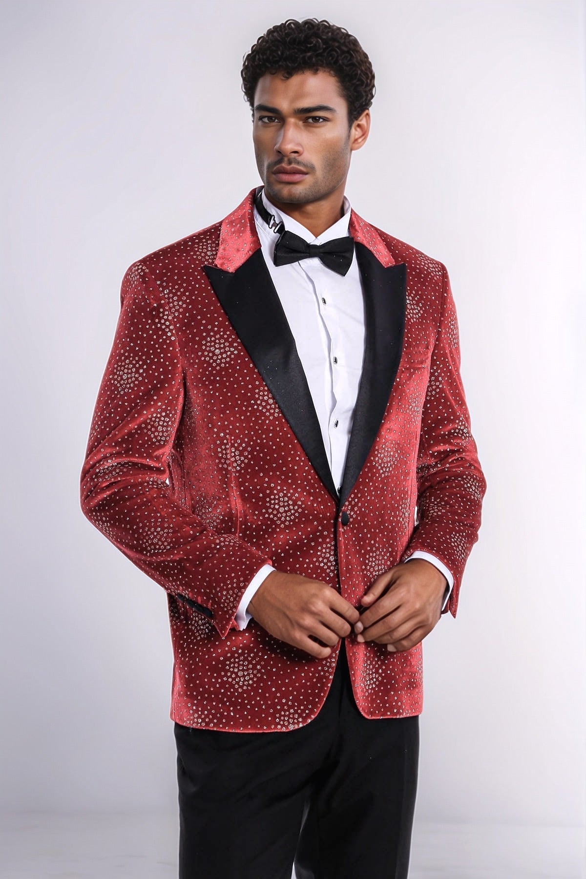 Dot Patterned Peak Lapel Burgundy Men Prom Blazer - Wessi
