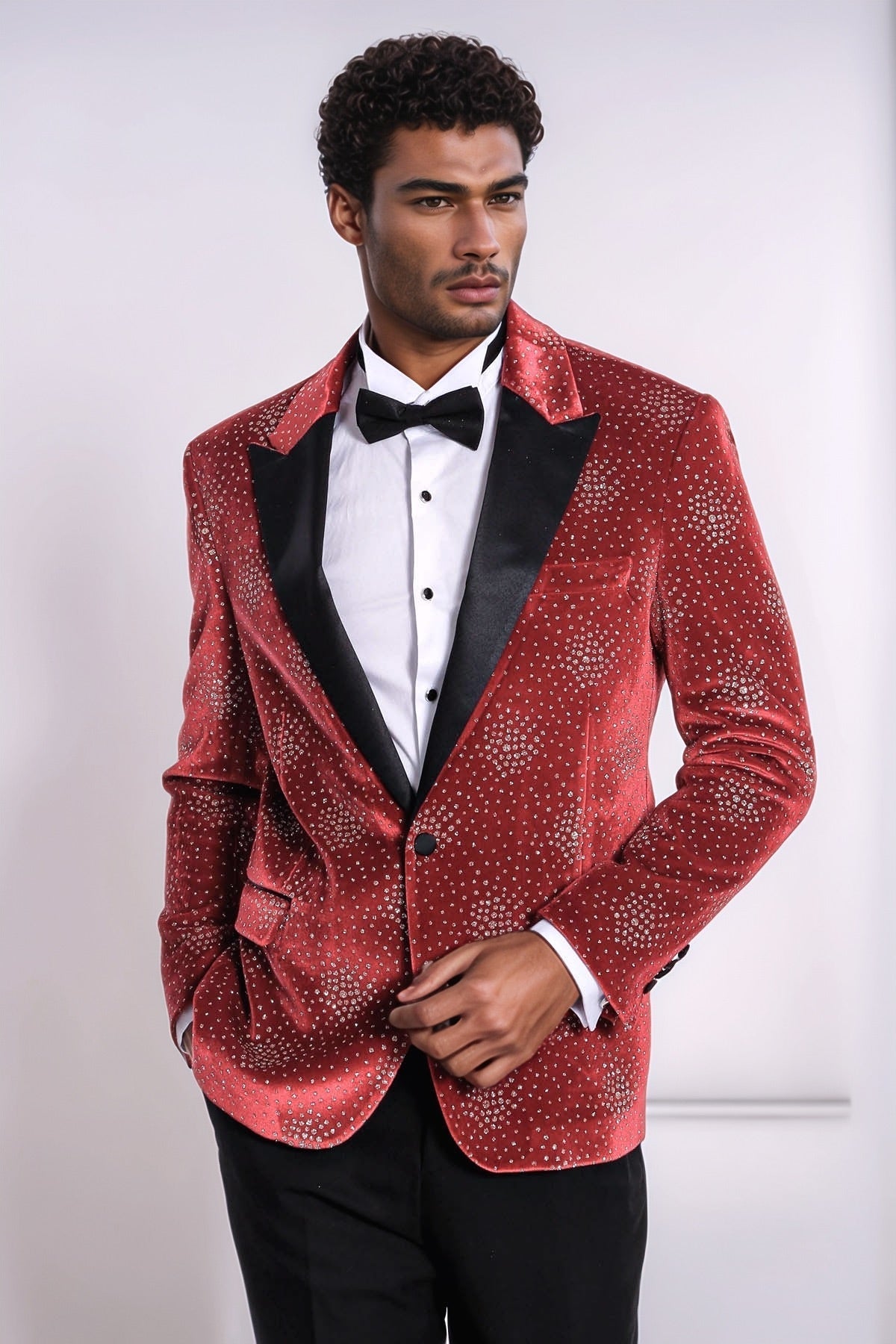 Dot Patterned Peak Lapel Burgundy Men Prom Blazer - Wessi