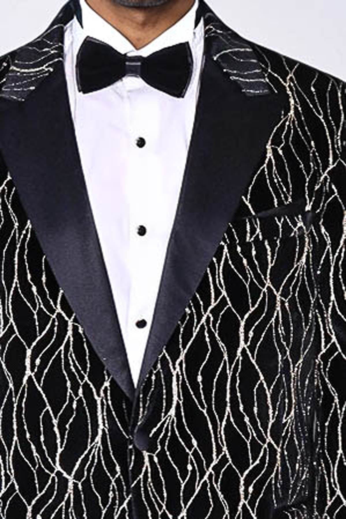 Gold Patterned Black Men Prom Blazer - Wessi