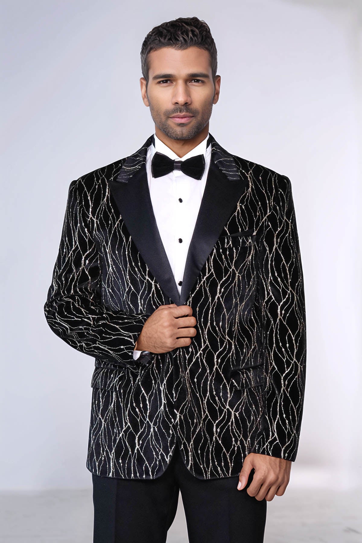 Gold Patterned Black Men Prom Blazer - Wessi