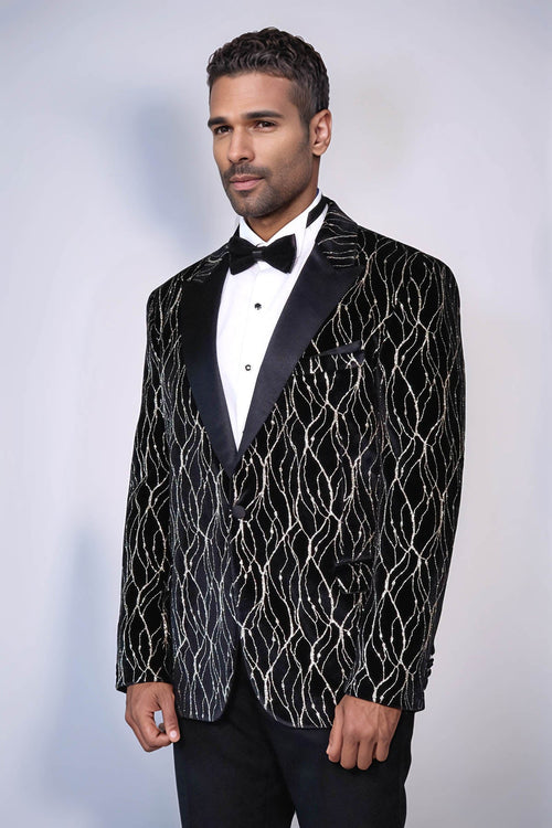 Gold Patterned Black Men Prom Blazer - Wessi