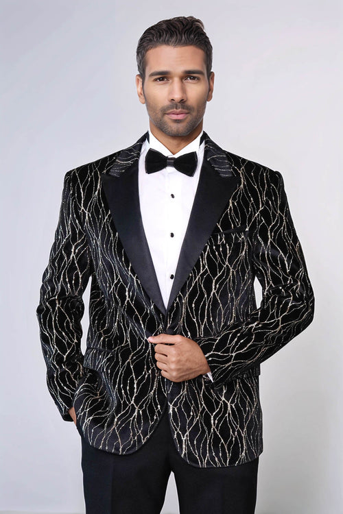 Gold Patterned Black Men Prom Blazer - Wessi