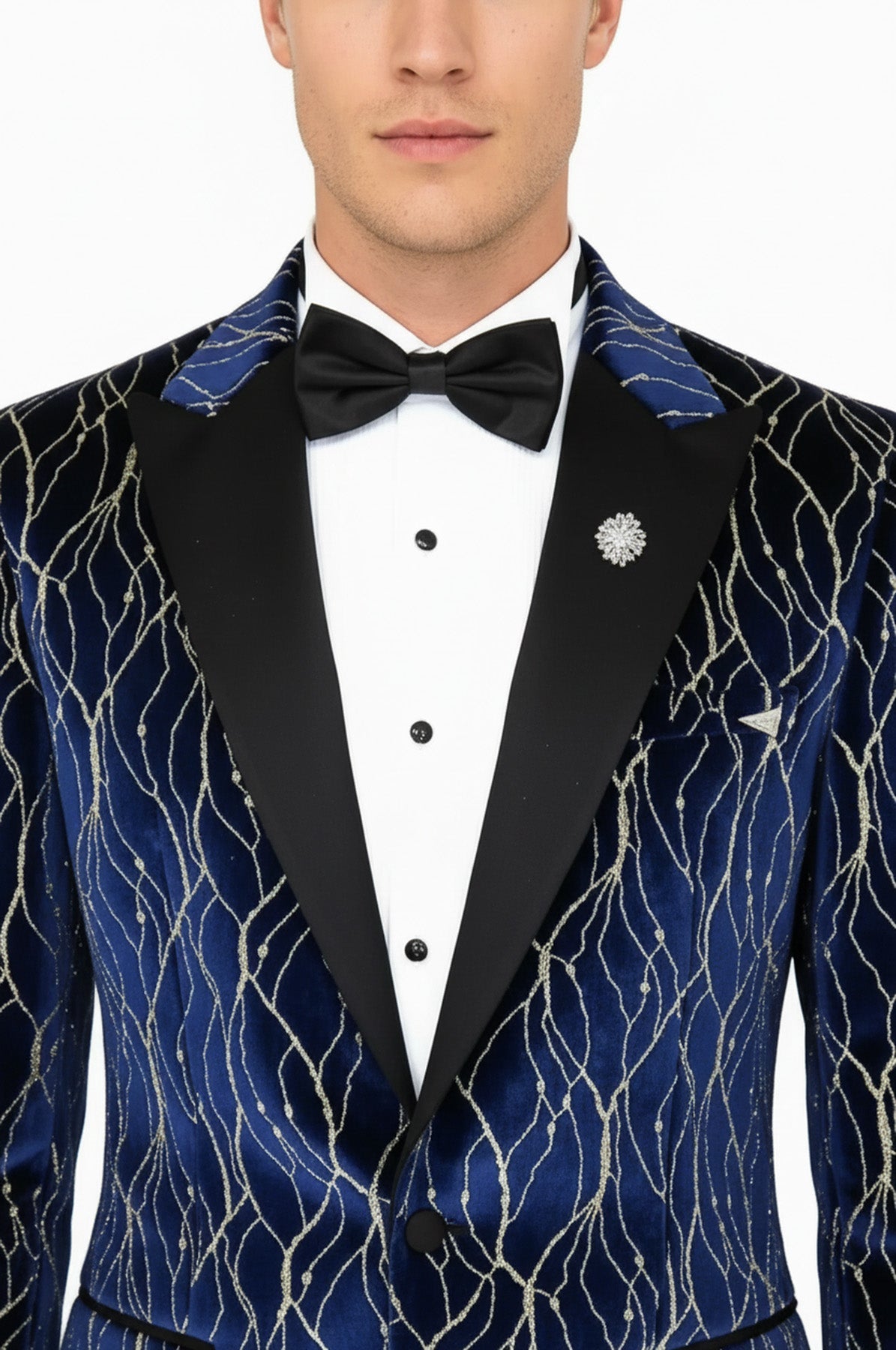 Gold Patterned Navy Blue Men Prom Blazer - Wessi