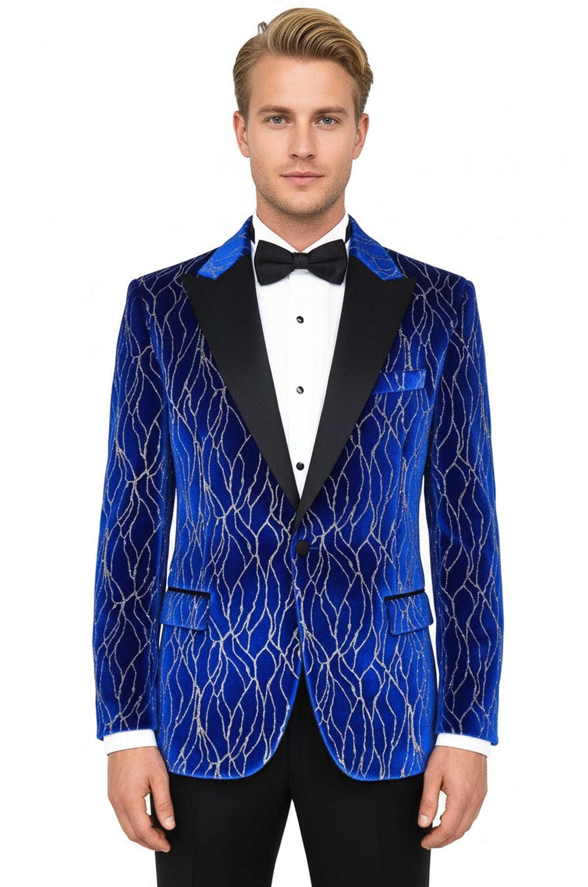 Silver Patterned Blue Men Prom Blazer - Wessi