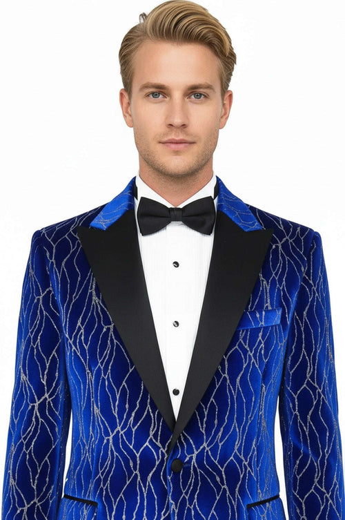 Silver Patterned Blue Men Prom Blazer - Wessi