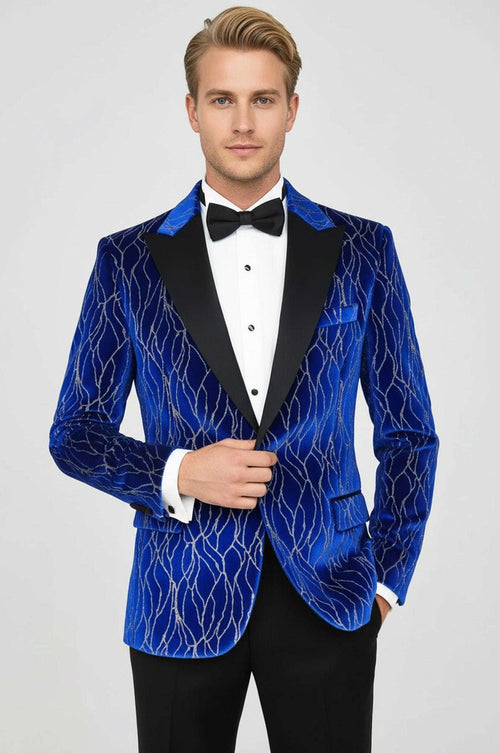 Silver Patterned Blue Men Prom Blazer - Wessi
