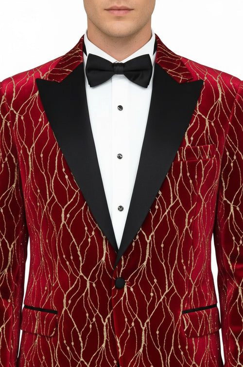 Patterned Burgundy Men Prom Blazer - Wessi