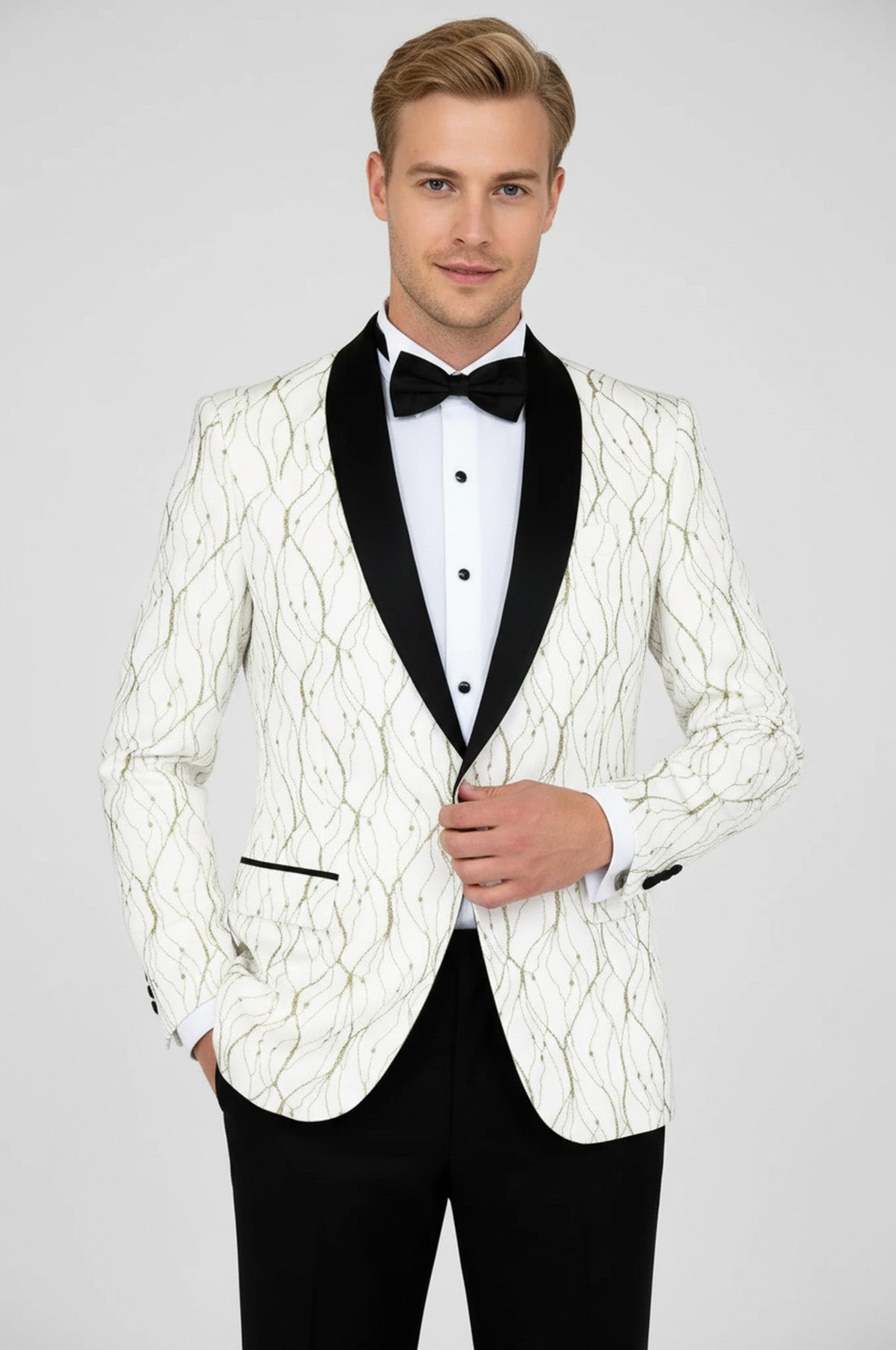 Silver Patterned White Men Prom Blazer - Wessi