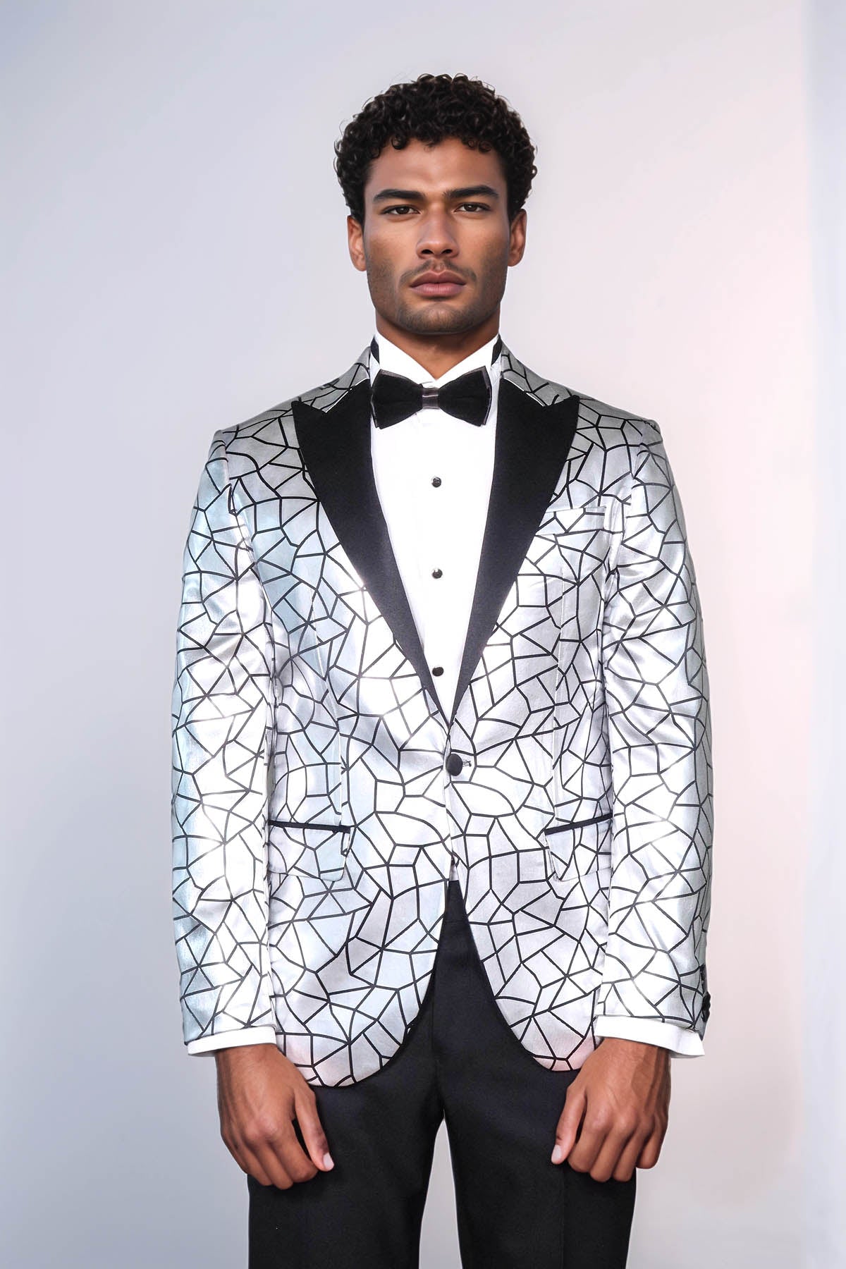Slim Fit Black Patterned Grey Men Prom Blazer - Wessi