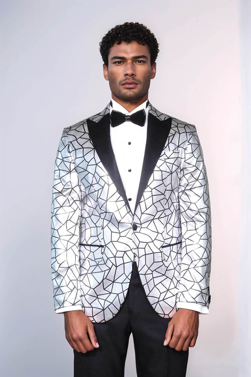 Slim Fit Black Patterned Grey Men Prom Blazer - Wessi