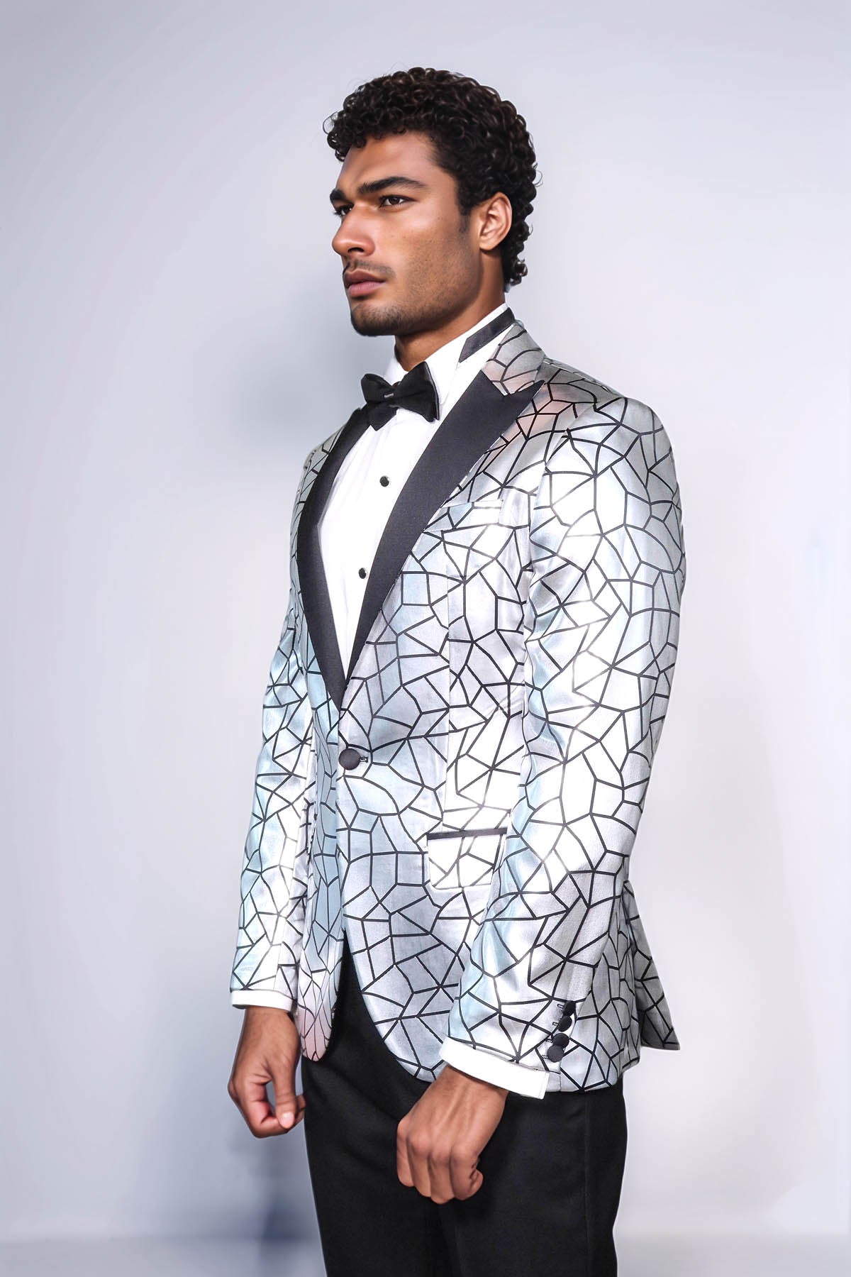 Slim Fit Black Patterned Grey Men Prom Blazer - Wessi