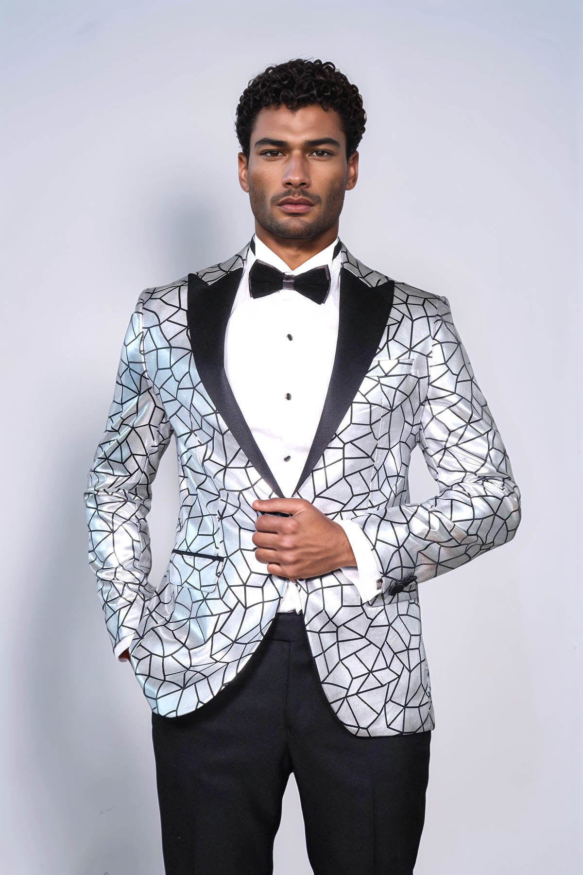 Slim Fit Black Patterned Grey Men Prom Blazer - Wessi