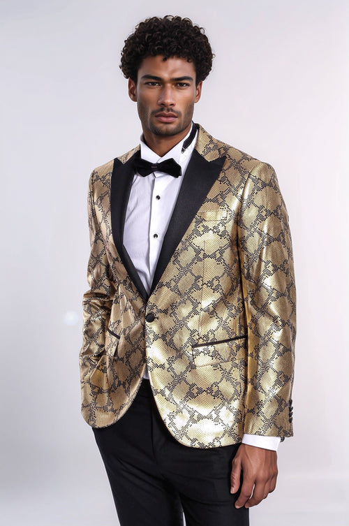 Patterned Slim Fit Gold Men Prom Blazer - Wessi