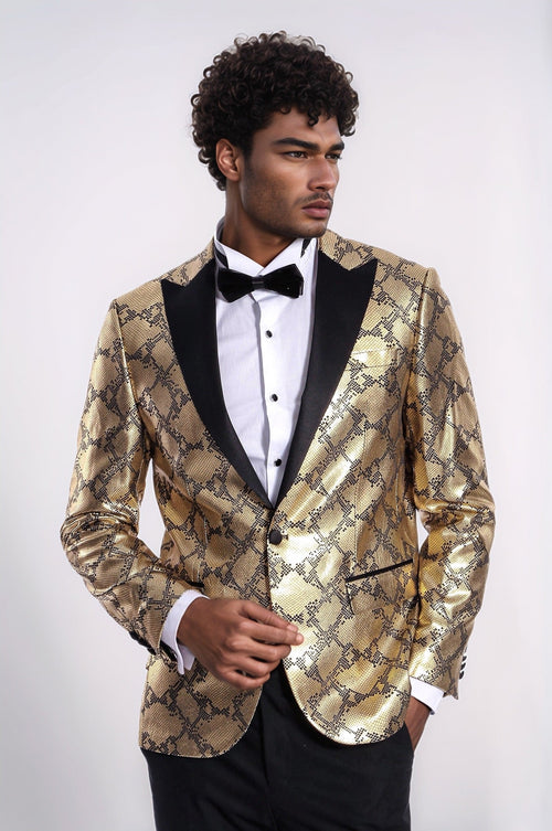 Patterned Slim Fit Gold Men Prom Blazer - Wessi