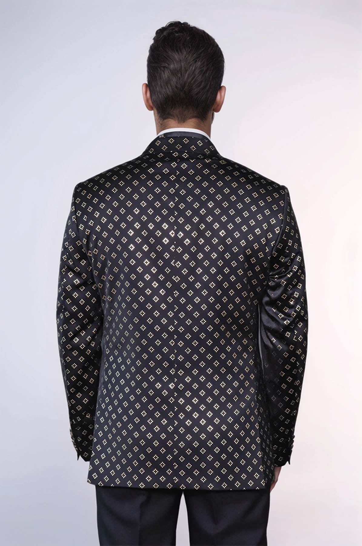 Gold Diamond Pattern Over Black Tuxedo Blazer - Wessi