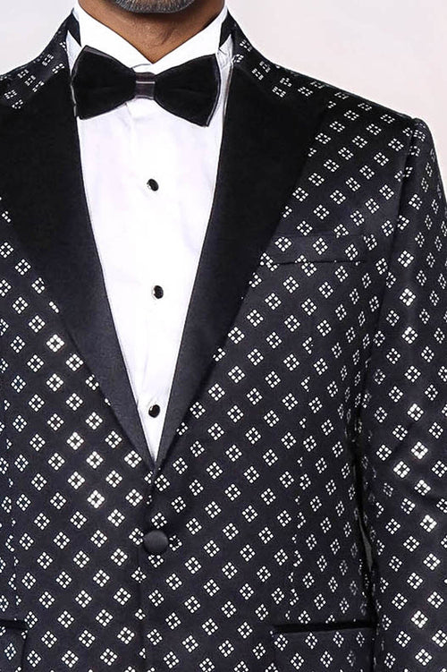 Silver Diamond Pattern Over Black Men Prom Blazer - Wessi