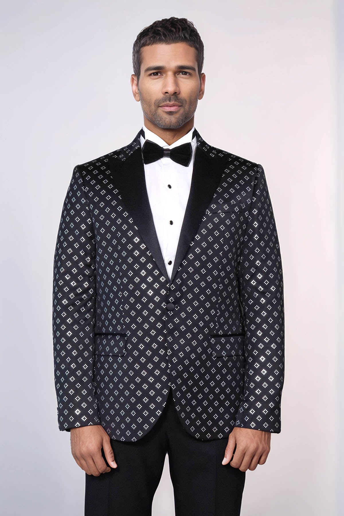 Silver Diamond Pattern Over Black Men Prom Blazer - Wessi
