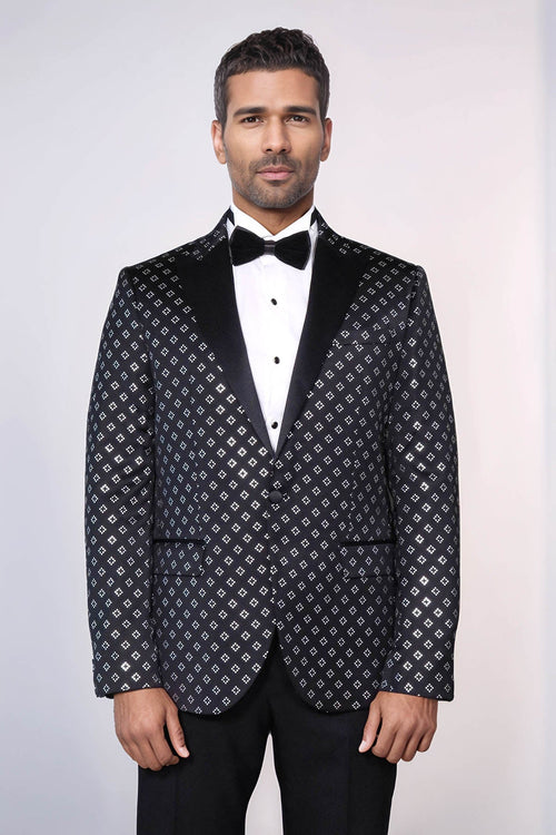 Silver Diamond Pattern Over Black Men Prom Blazer - Wessi