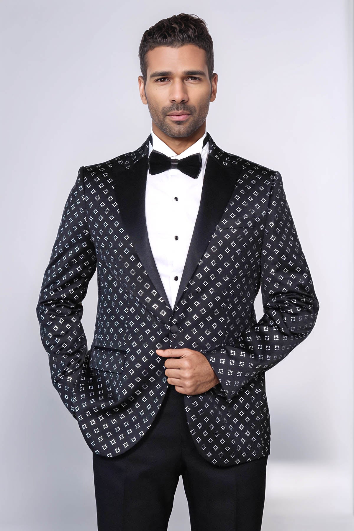 Silver Diamond Pattern Over Black Men Prom Blazer - Wessi