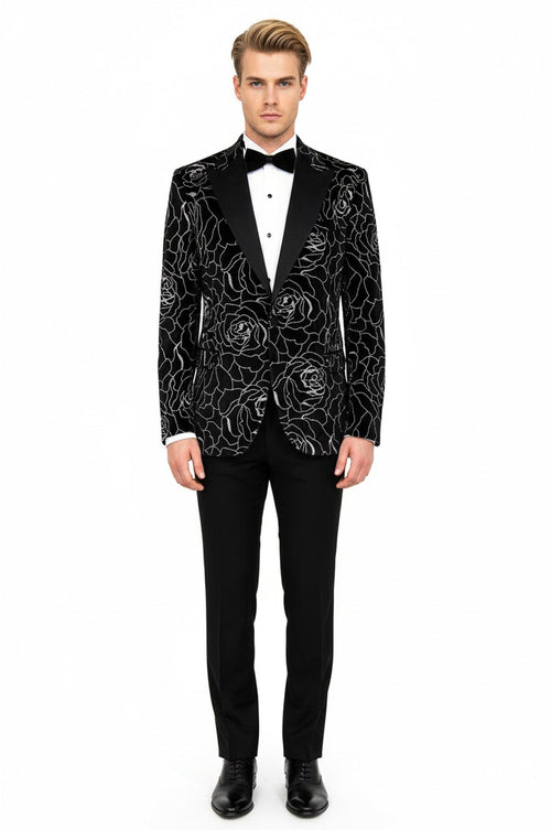 Silver Rose Patterned Over Black Men Prom Blazer - Wessi