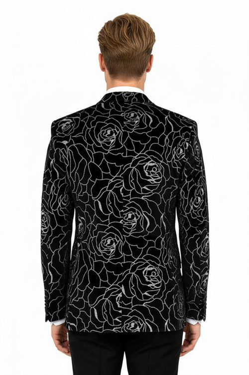 Silver Rose Patterned Over Black Men Prom Blazer - Wessi