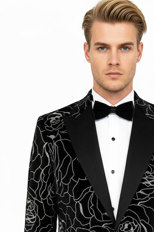 Silver Rose Patterned Over Black Men Prom Blazer - Wessi