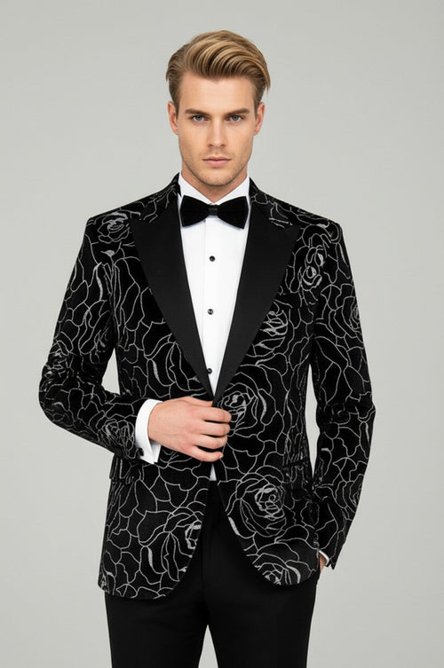 Silver Rose Patterned Over Black Men Prom Blazer - Wessi