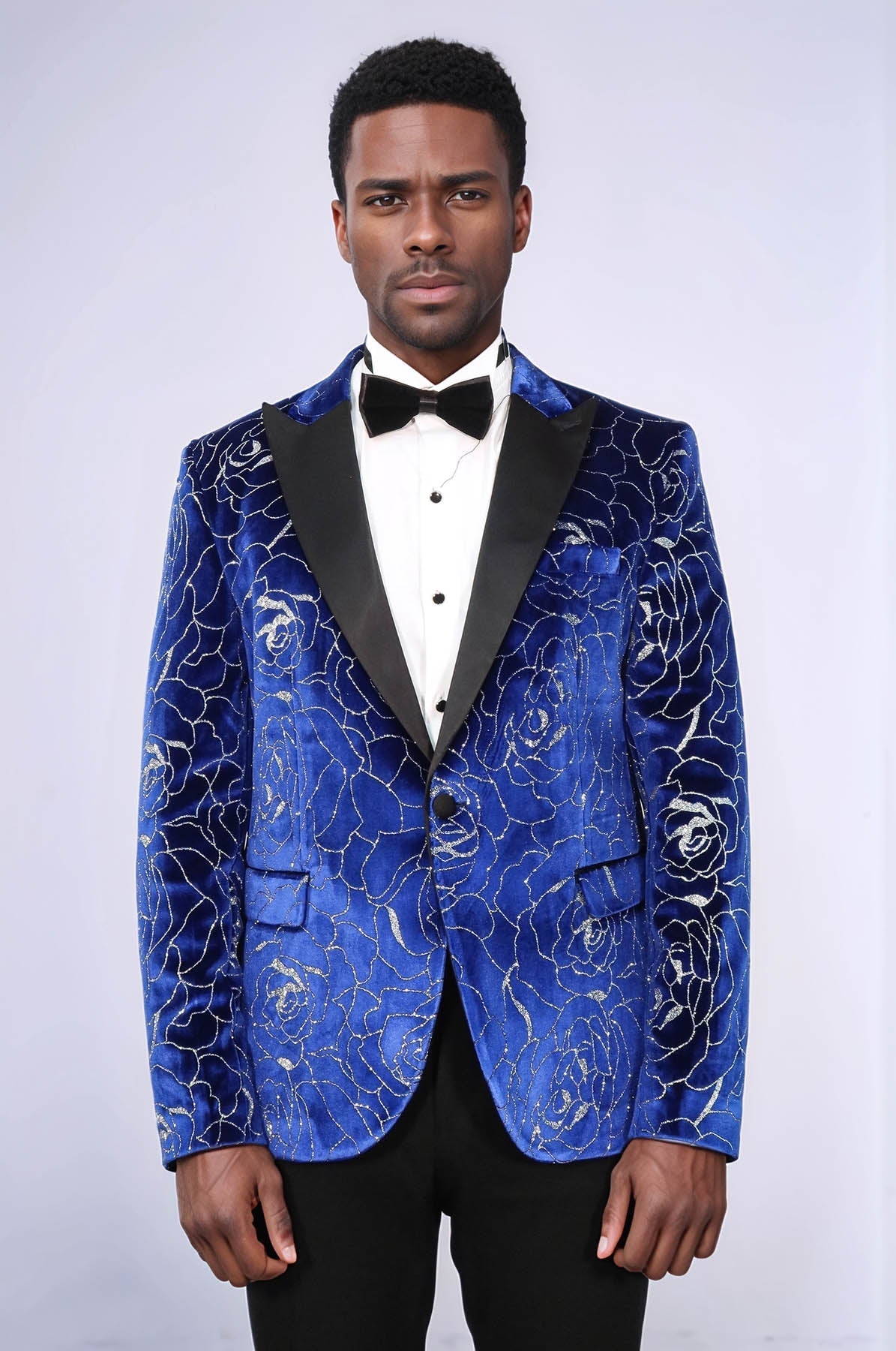 Silver Rose Patterned Over Blue Men Prom Blazer - Wessi