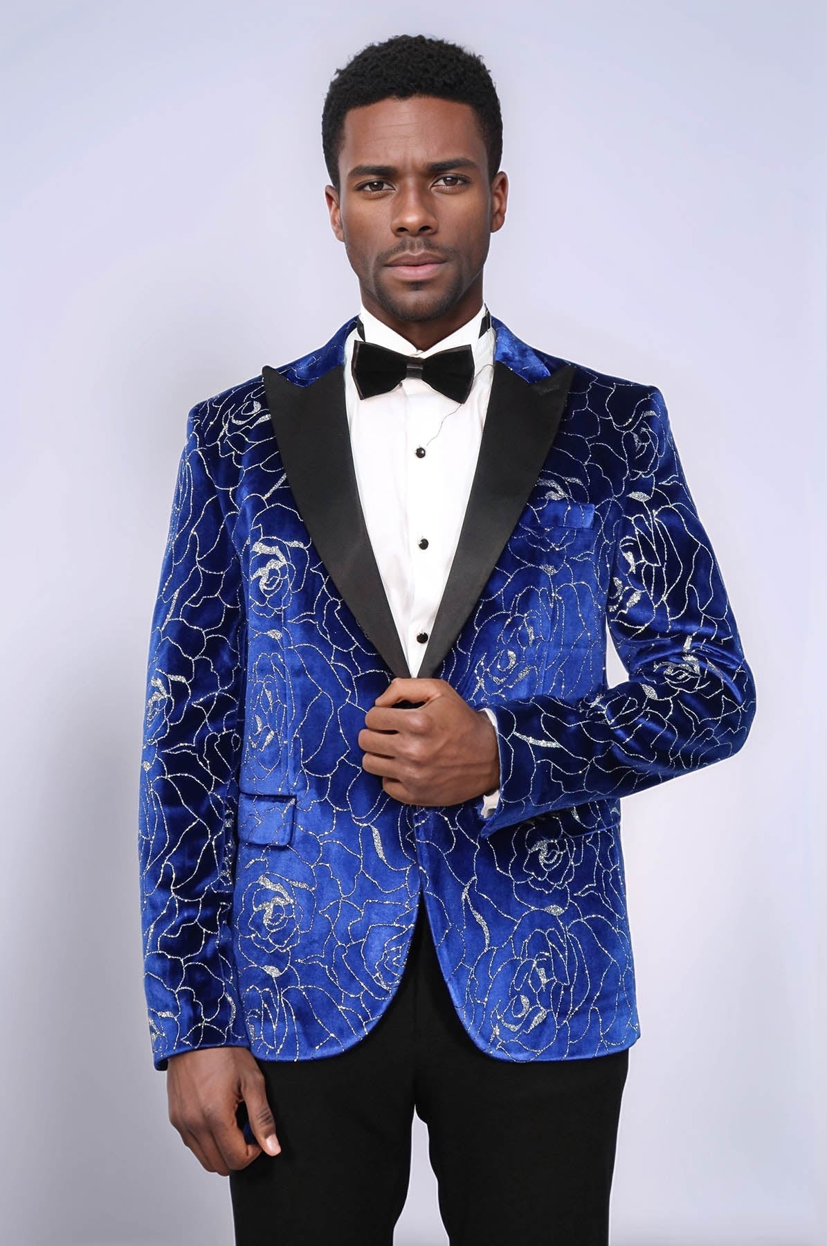 Silver Rose Patterned Over Blue Men Prom Blazer - Wessi