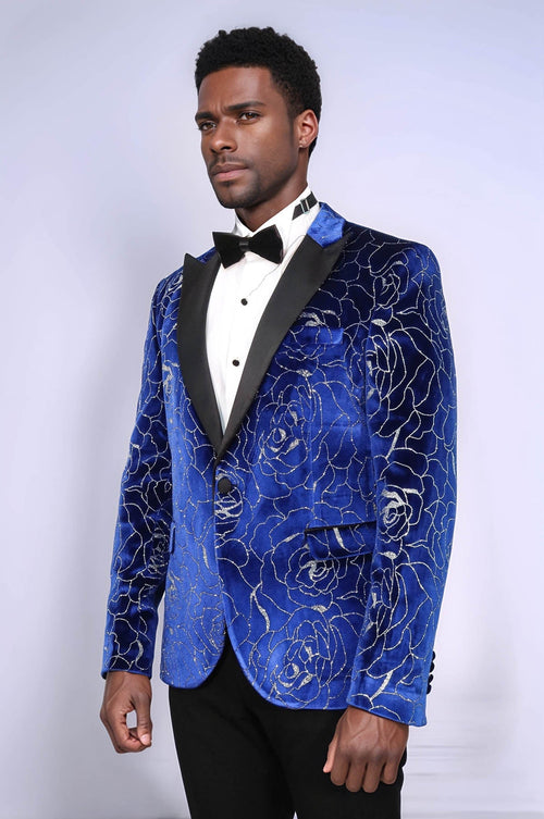 Silver Rose Patterned Over Blue Men Prom Blazer - Wessi