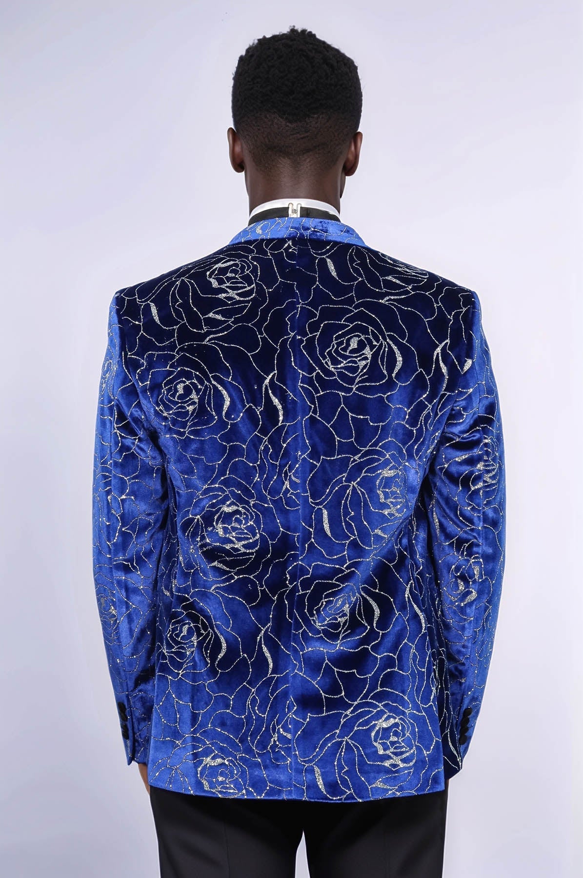 Silver Rose Patterned Over Blue Men Prom Blazer - Wessi