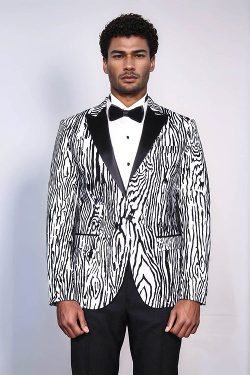 Slim Fit Zebra Patterned White Men Prom Blazer - Wessi