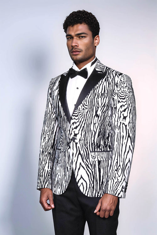 Slim Fit Zebra Patterned White Men Prom Blazer - Wessi